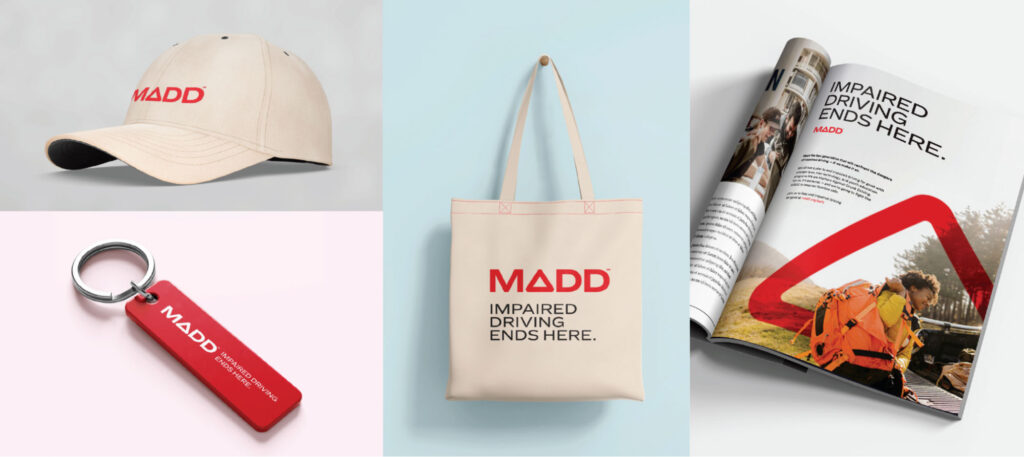 Examples photos of the new MADD logo on a ball cap, a keychain, a tote bag, and a magazine ad.