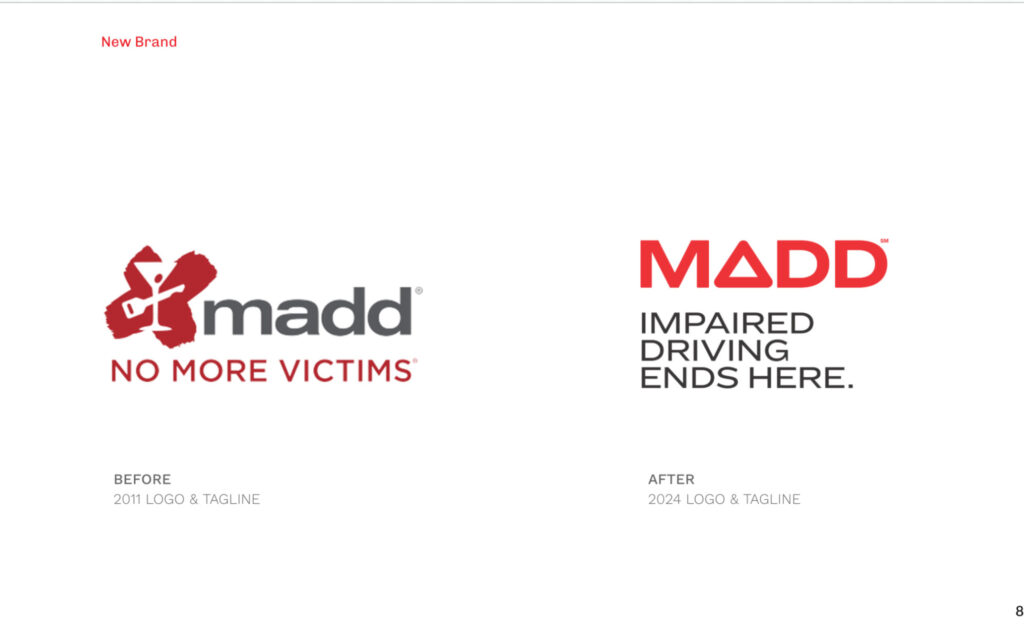 A side-by-side comparison of the old and new MADD logos